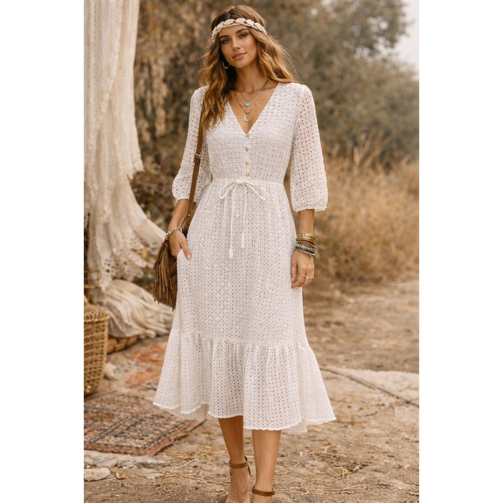 White Bohemian Eyelet Midi Dress Sz Small Western Ruffle Cottagecore Peasant - Picture 1 of 13